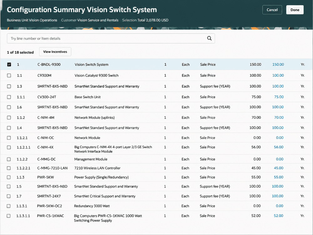 Configuration summary view for sales order – root level