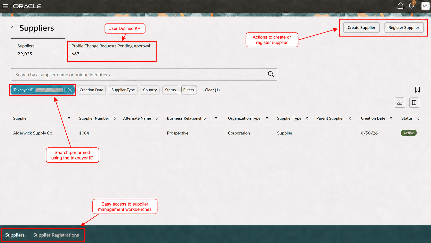 Suppliers workbench with the Taxpayer ID and Tax Registration Number filters