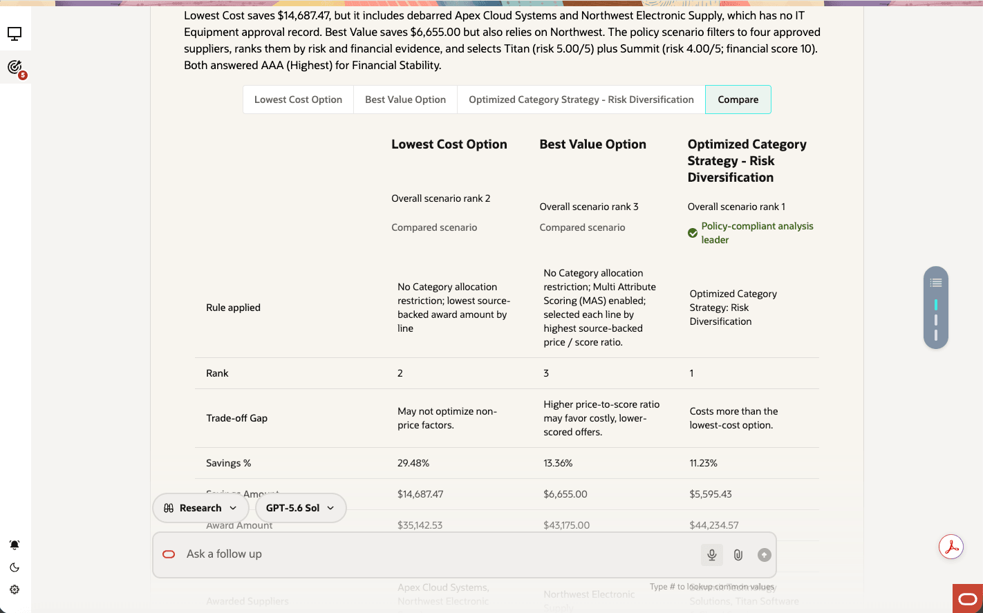 Compare scenarios and ask a follow up question to create your custom scenario