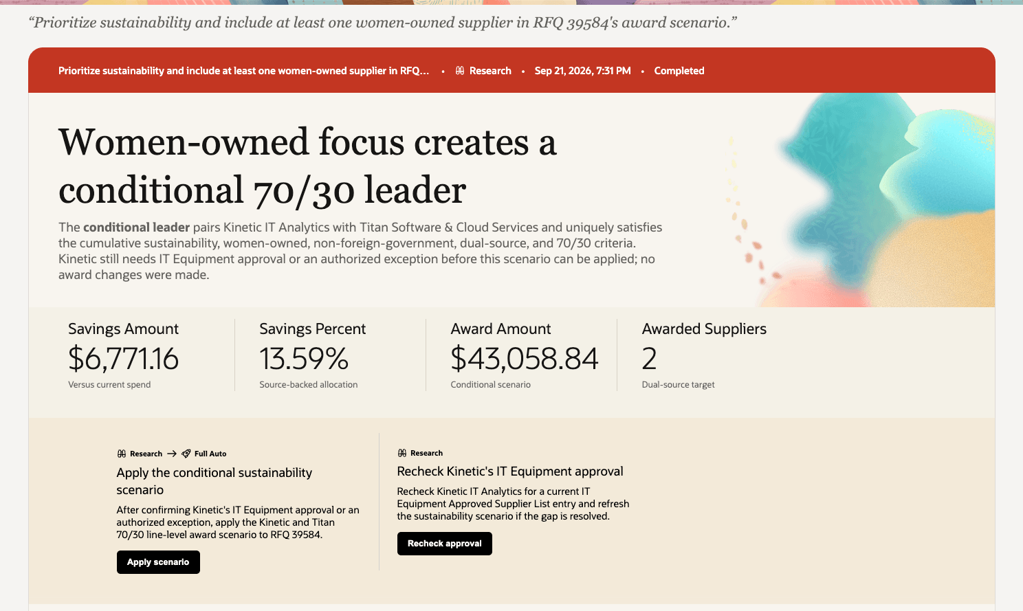 Custom scenarios ready - Take an action to apply scenario to save award and submit for approval