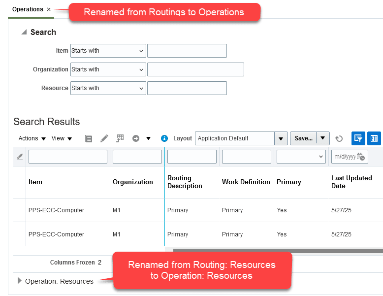Operations Page and Section Headings