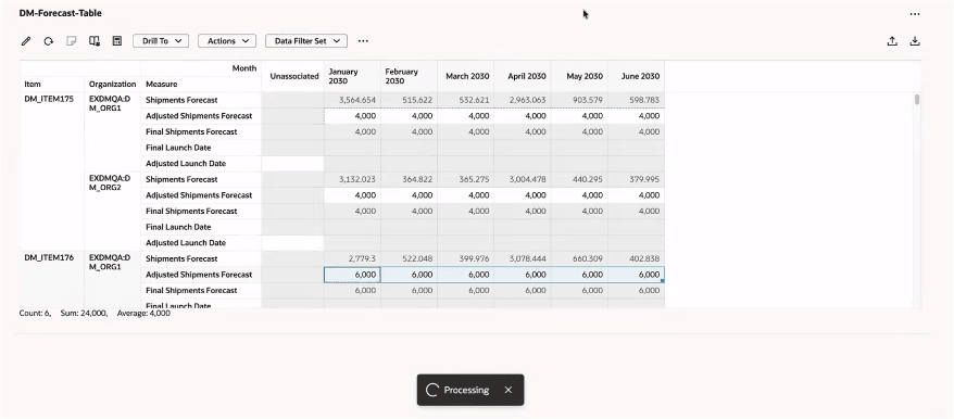 A Processing indicator appears while entered values are updated