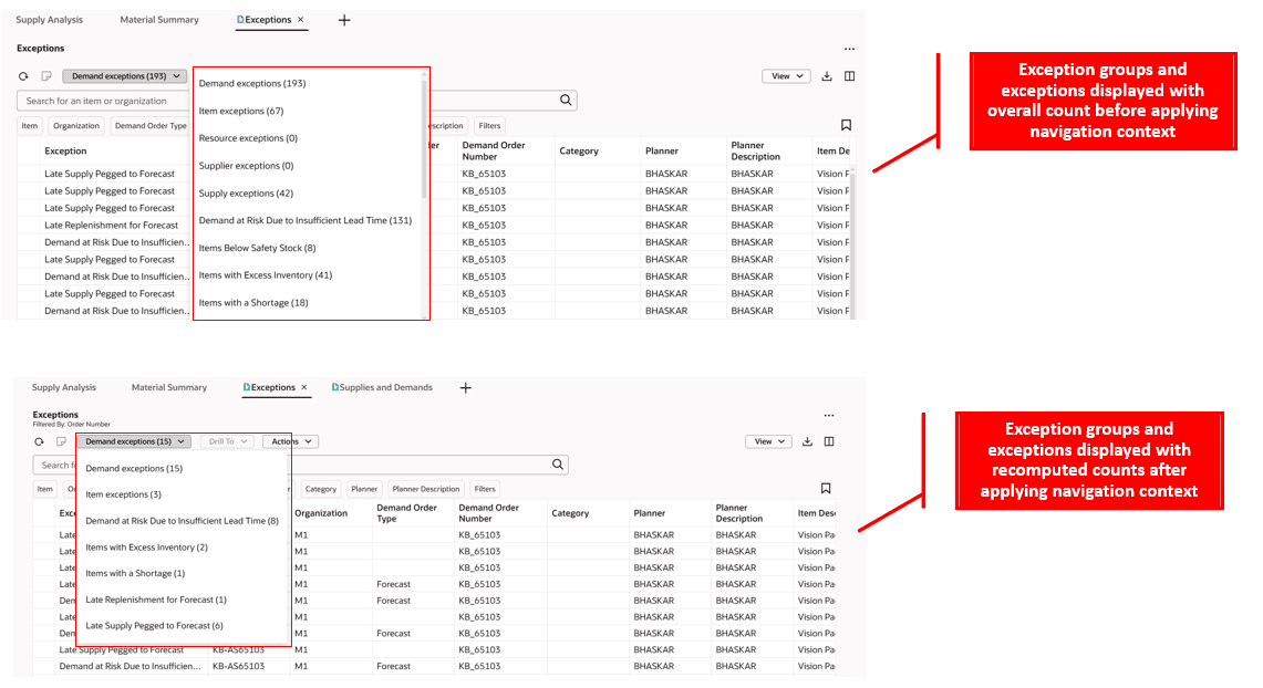 Exceptions Page displays relevant details, including count after applying navigation context