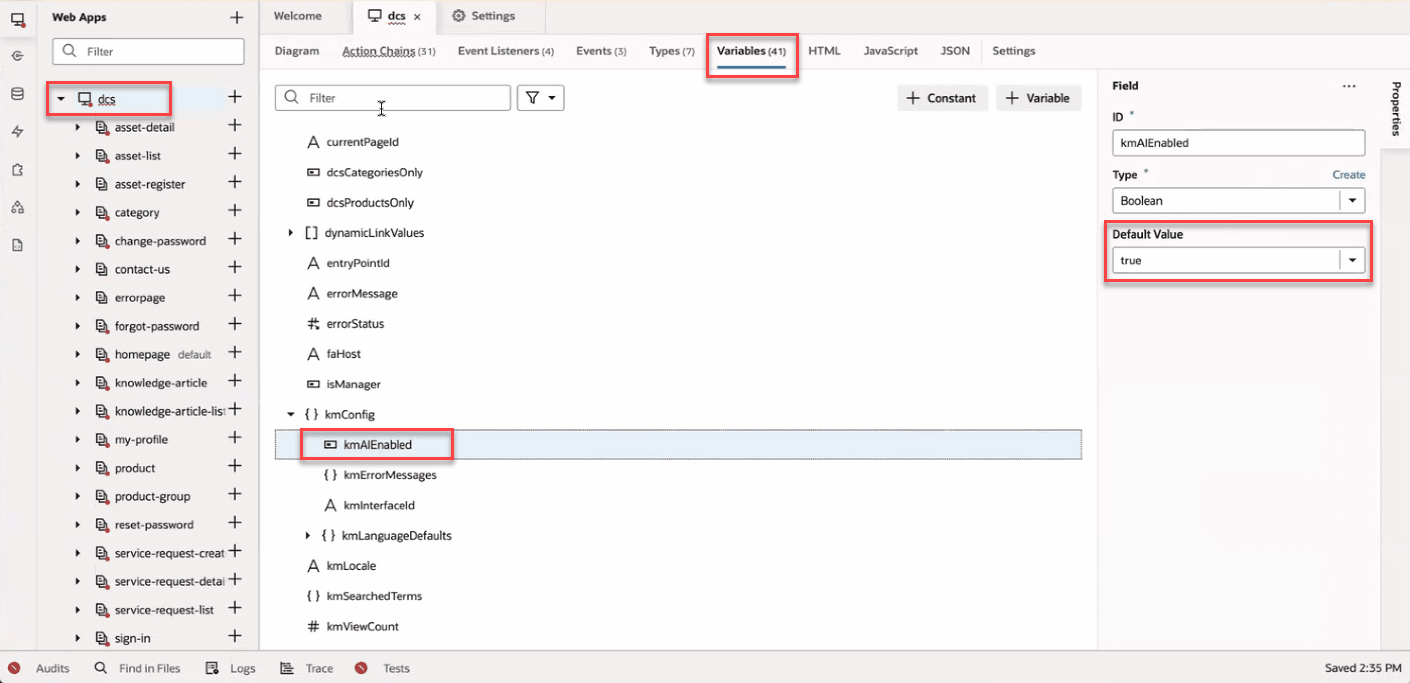 Change the kmAIEnabled variable to enable Gen AI Answer