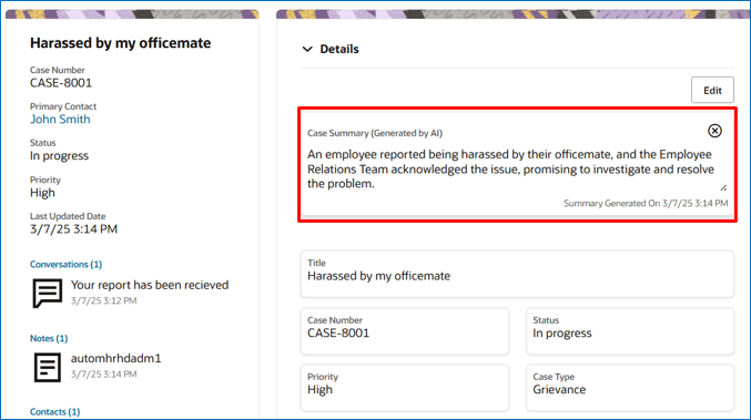 Example of AI Summarization in the Case Details Page
