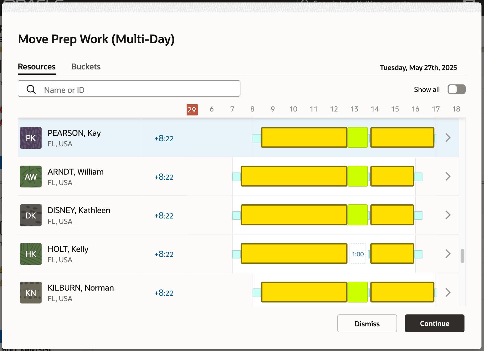 This screenshot shows the resources and the additional travel time for the Prep Work segmentable activity.