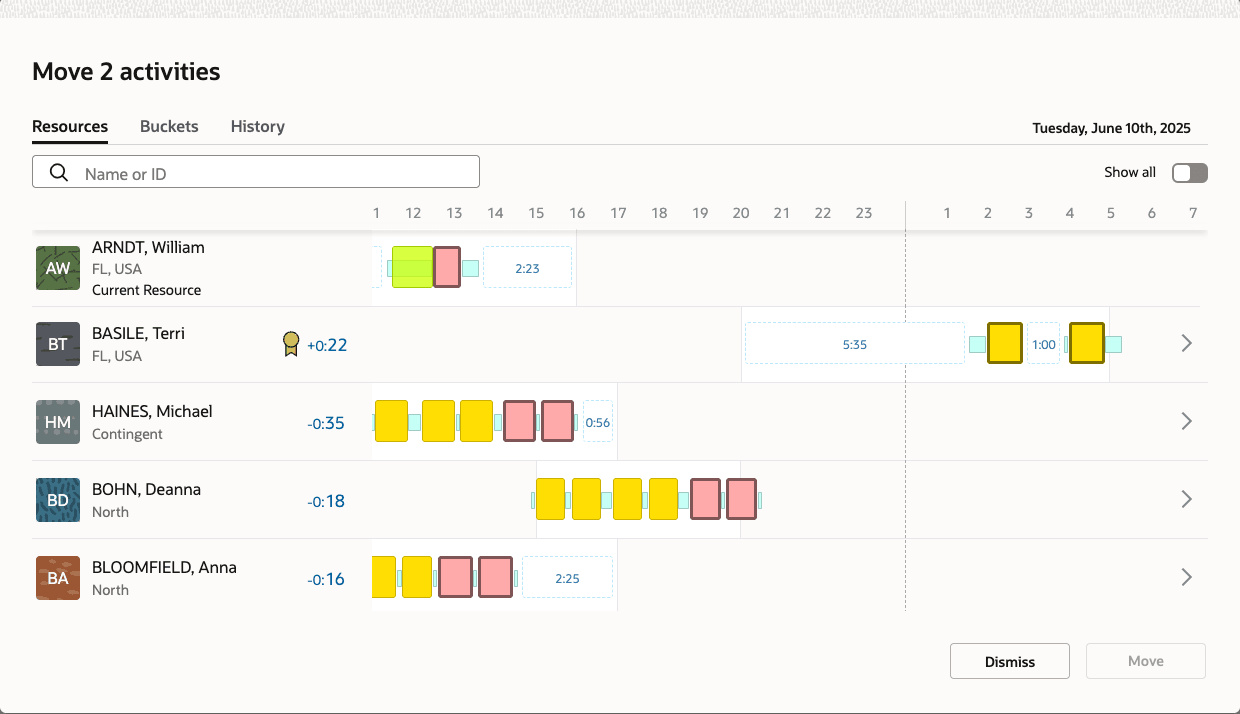 This screenshot shows the Assignment Assistant page, where two activities are being moved.