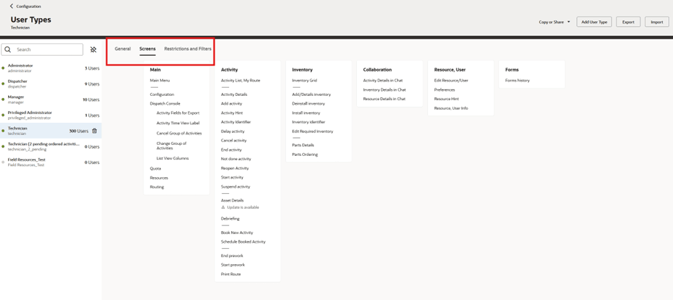 This screenshot shows the earlier User Types page that had three tabs.