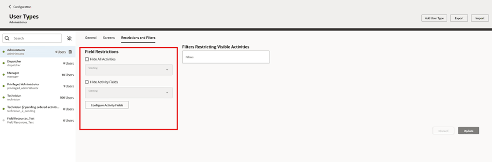 This screenshot shows the Restrictions and Filters tab on the earlier User Types page.
