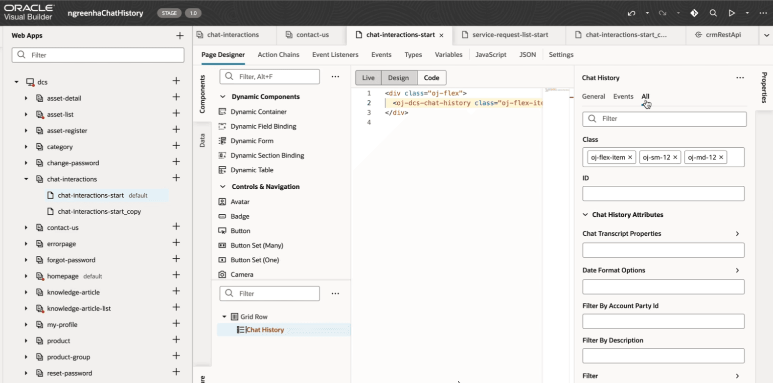 Chat History Component with Properties in Visual Builder editor