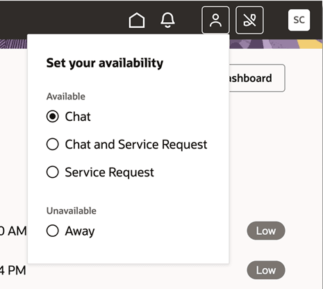 Single select menu to set Chat and Service Request availability
