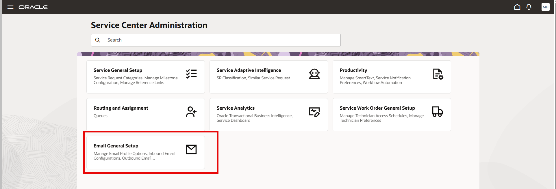 Service Center Administration screen