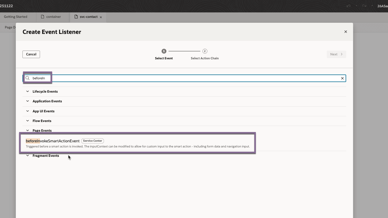 beforeInvokeSmartActionEvent - SVC Contact Page