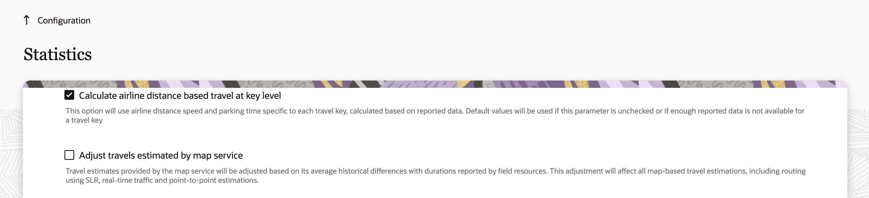 This screenshot shows the Adjust travels estimated by map service checkbox on the Statistics page.