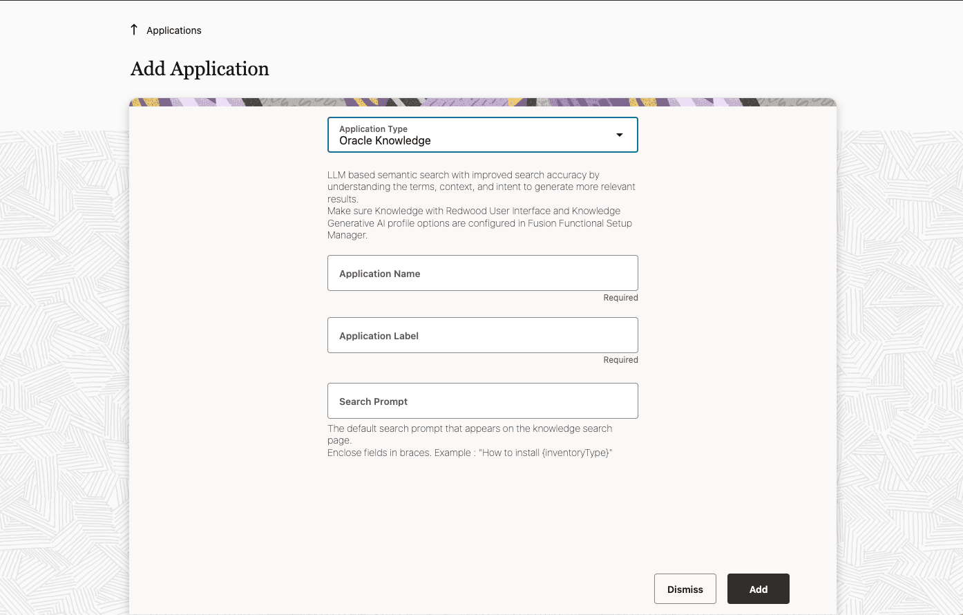 This screenshot shows the Add Application page, where you can configure the&nbsp;Oracle Knowledge Management application.