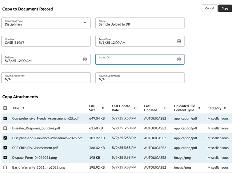 Copy to Document Record on Case Details page