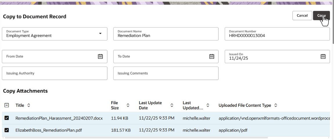Copy to Document Record