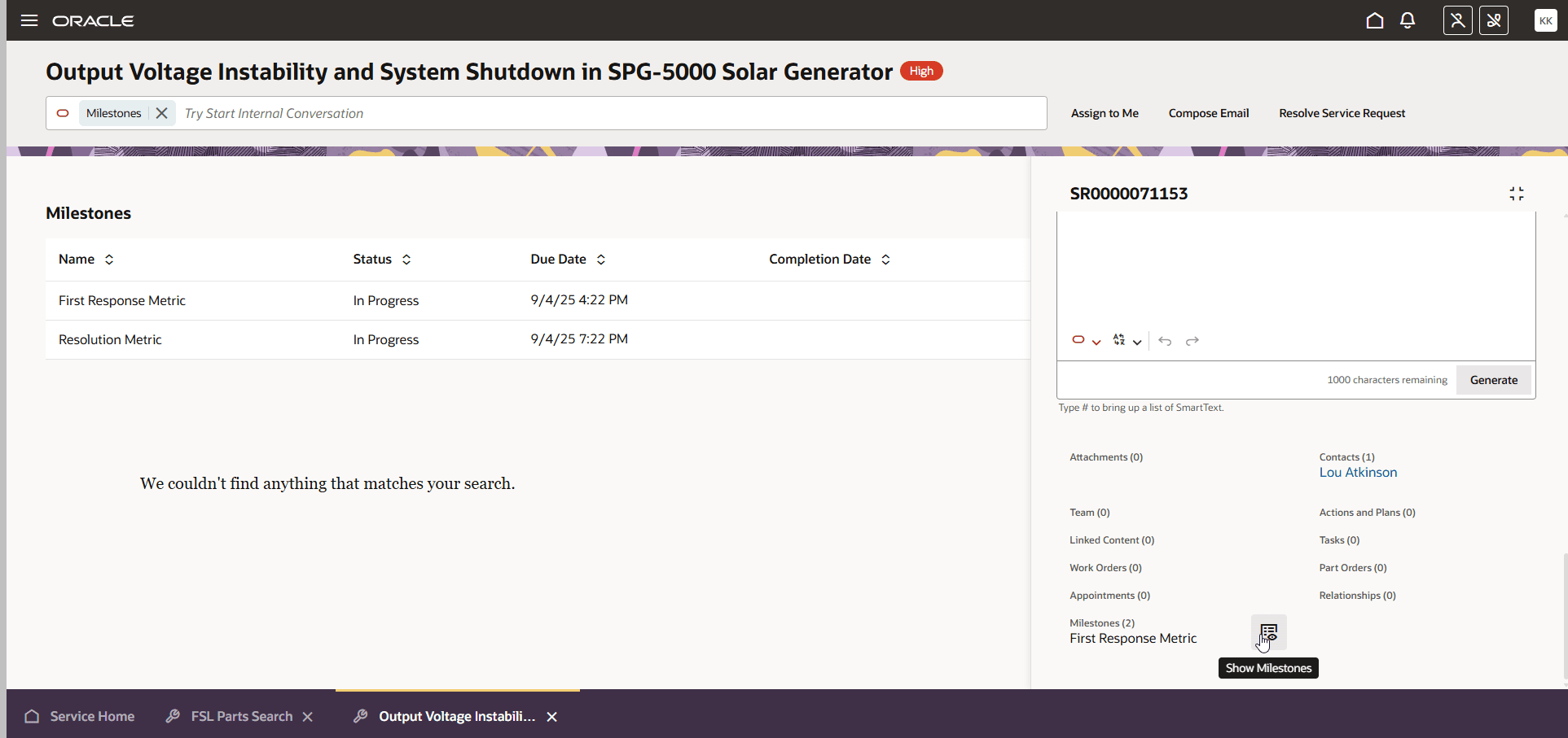SR Details page after using the Show Milestones command