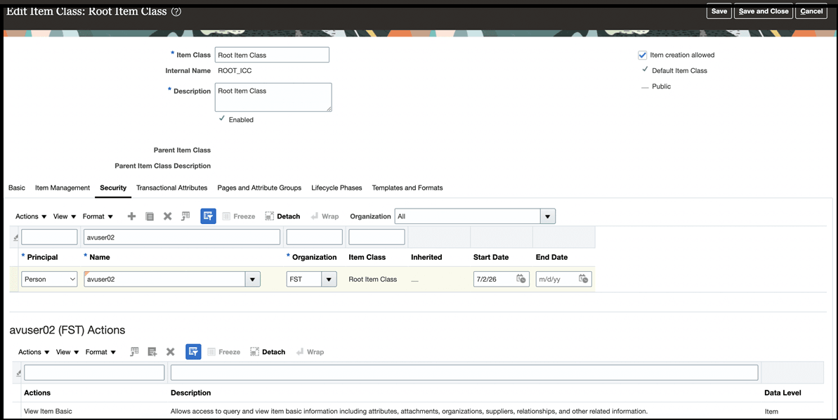 Manage Item Class Access to User