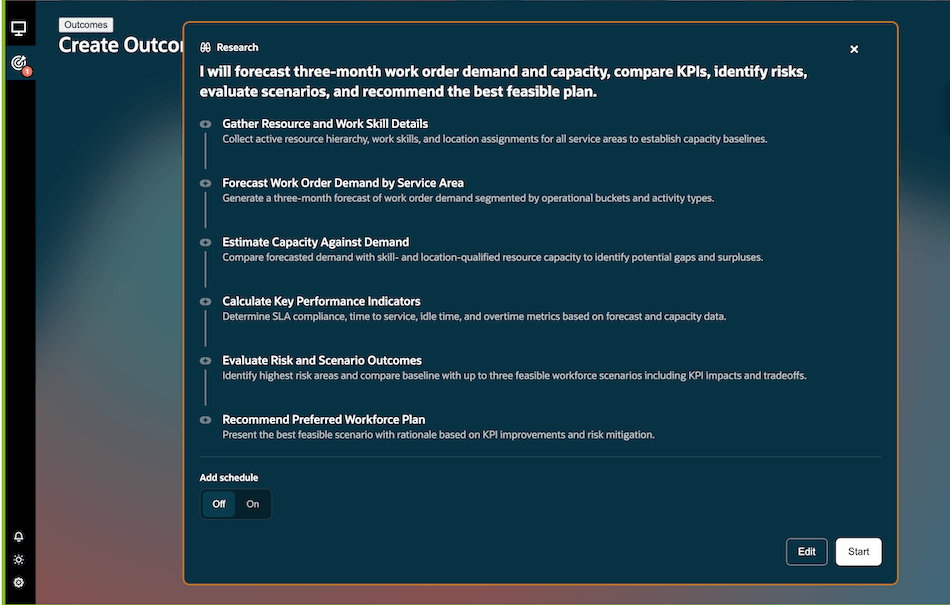 Research workflow for forecasting three-month work order demand and capacity, comparing KPIs and scenarios, and recommending a workforce plan.