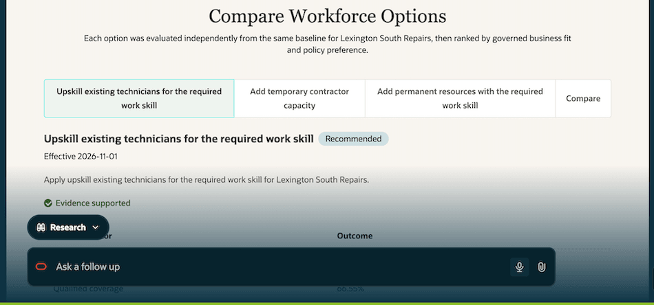 Workforce options compare upskilling technicians, temporary contractors, and permanent hires, with upskilling recommended for Lexington South Repairs.