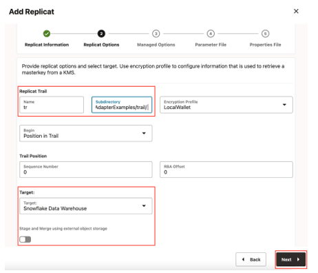 Add Replicat - Replicat Options - Stage and Merge using external object storage is not selected as this quickstart uses internal staging. Add Replicat - Replicat Options - Stage and Merge using external object storage is not selected as this quickstart uses internal staging.