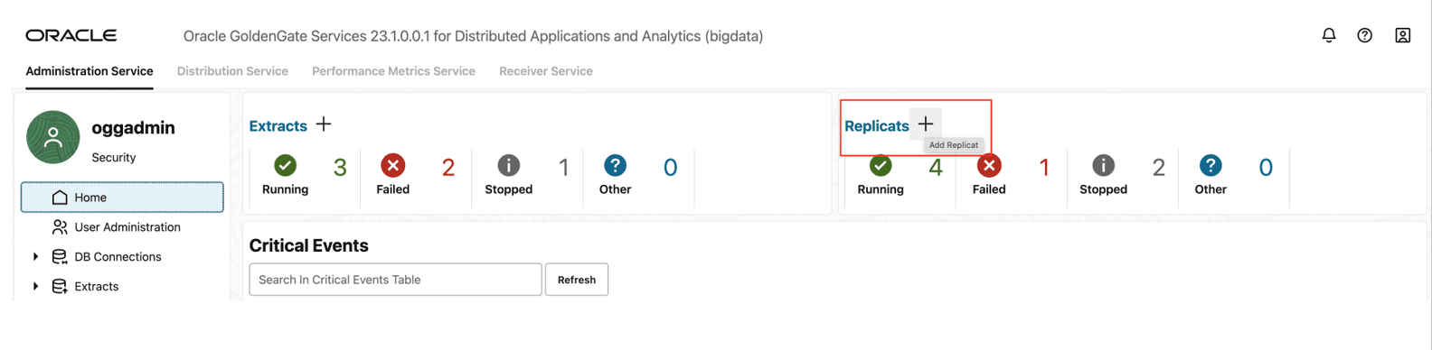 Go to Administration Service and click + sign to add a replicat. Go to Administration Service and click + sign to add a replicat.