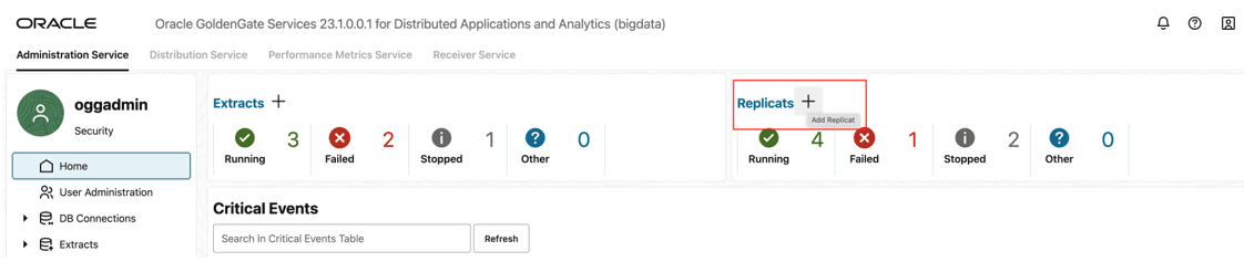 Go to Administration Service and click + to add a replicat. Go to Administration Service and click + to add a replicat.