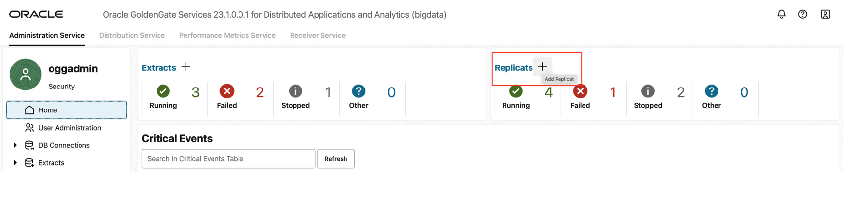 Go to Administration Service and click + sign to add a replicat. Go to Administration Service and click + sign to add a replicat.