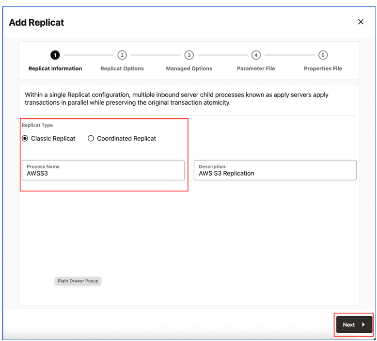 Provide Replicat Options and click Next. Provide Replicat Options and click Next.