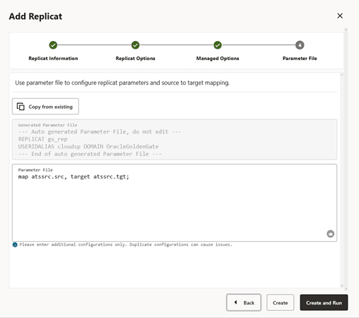 Specify the MAP and TARGET values in the Replicat parameter file.