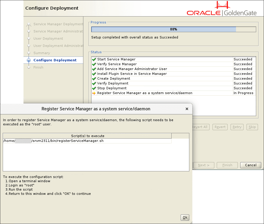 The Register Service Manager as a system service/daemon pop-up box displays the steps to run the registerservicemanager.sh utility.