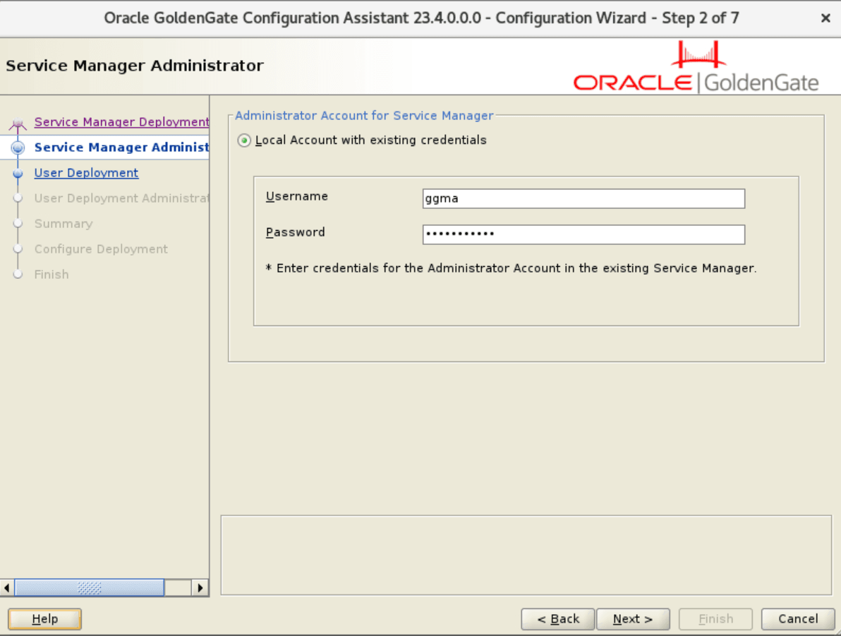Enter the user login credentials for the Service Manager administrator account for the existing Service Manager.
