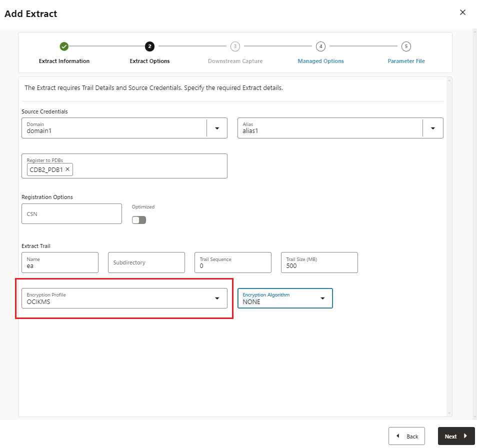 Select the encryption profile with OCI KMS configuration when creating Extract or Replicat processes. Select the encryption profile with OCI KMS configuration when creating Extract or Replicat processes.