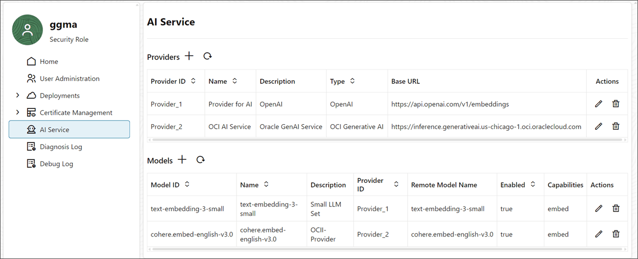 AI Service Providers and Models listed on the AI Service page.