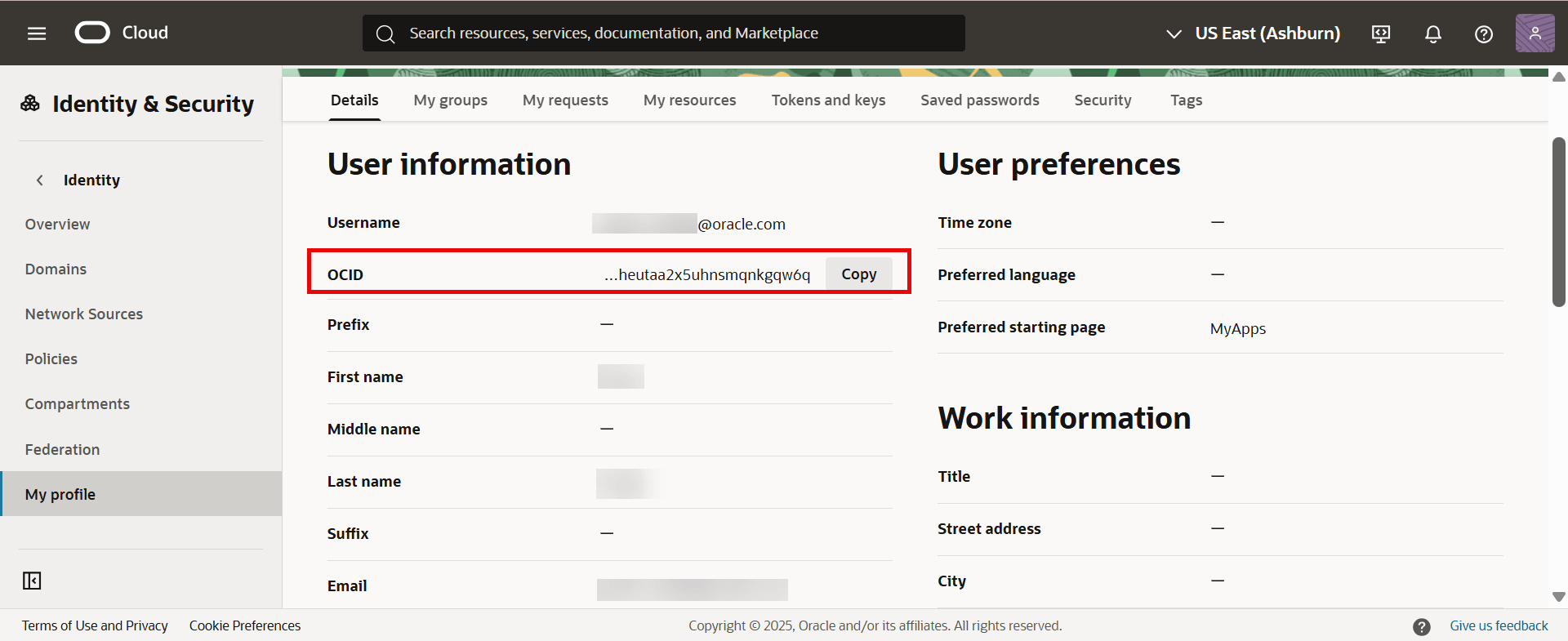 Copying the User OCID from the Details tab of the User Profile page. Copying the User OCID from the Details tab of the User Profile page.