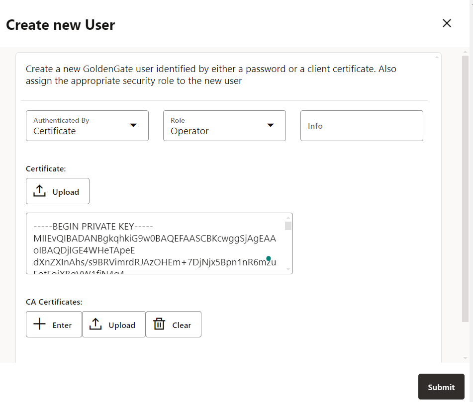 Create user with Operator role and authentication type as Certificate.