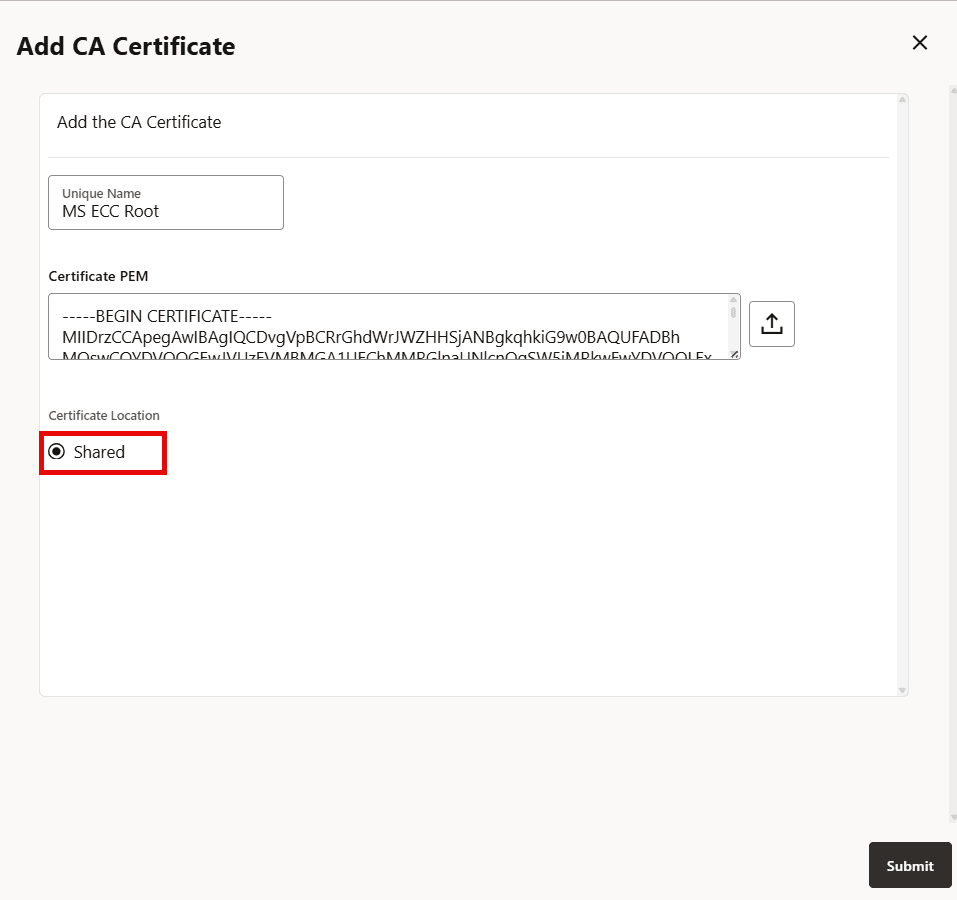 Uploading the Microsoft Azure Root CA certificate .pem file