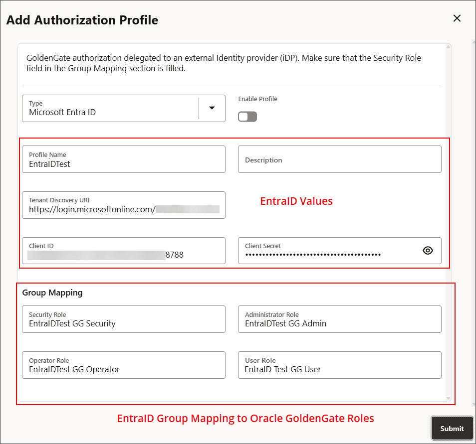Authorization profile options in Oracle GoldenGate for Microsoft EntraID.
