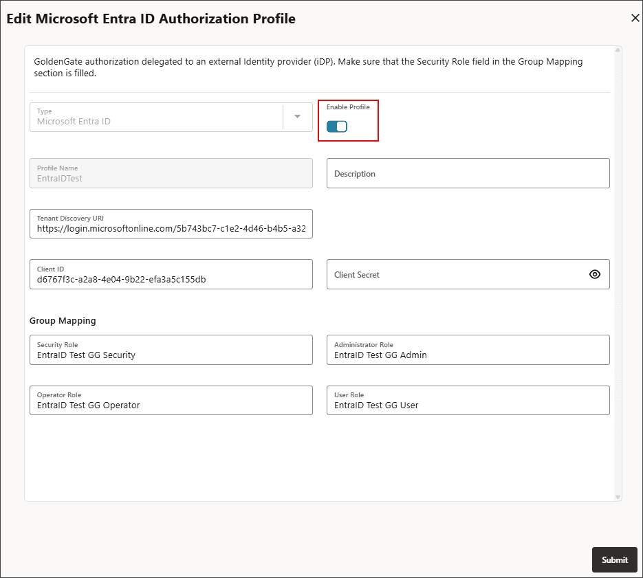 Using the toggle switch to enable the authorization profile after successful validation.