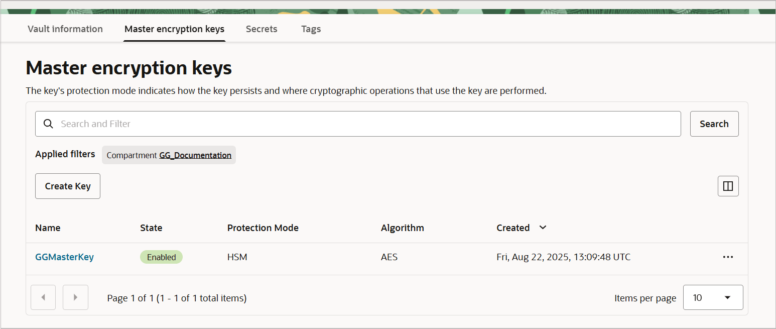 Generated master key is listed on the Master encryption keys page Generated master key is listed on the Master encryption keys page
