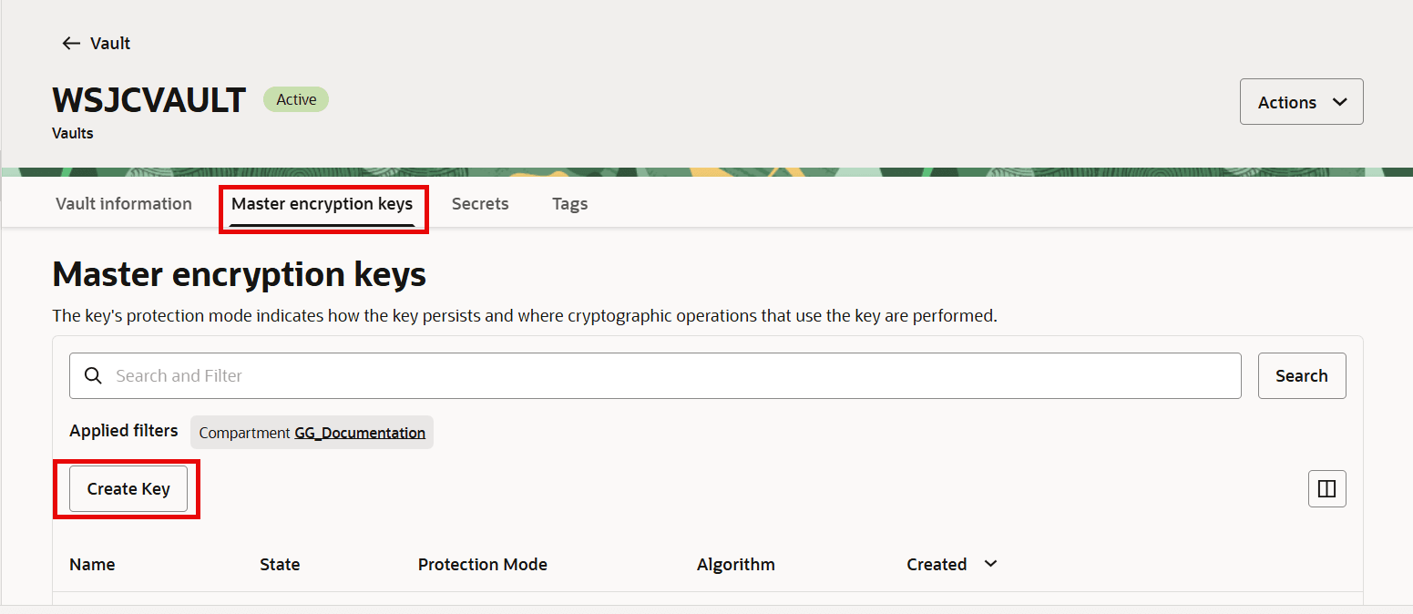 Master encryption keys tab in the Vault Information page Master encryption keys tab in the Vault Information page