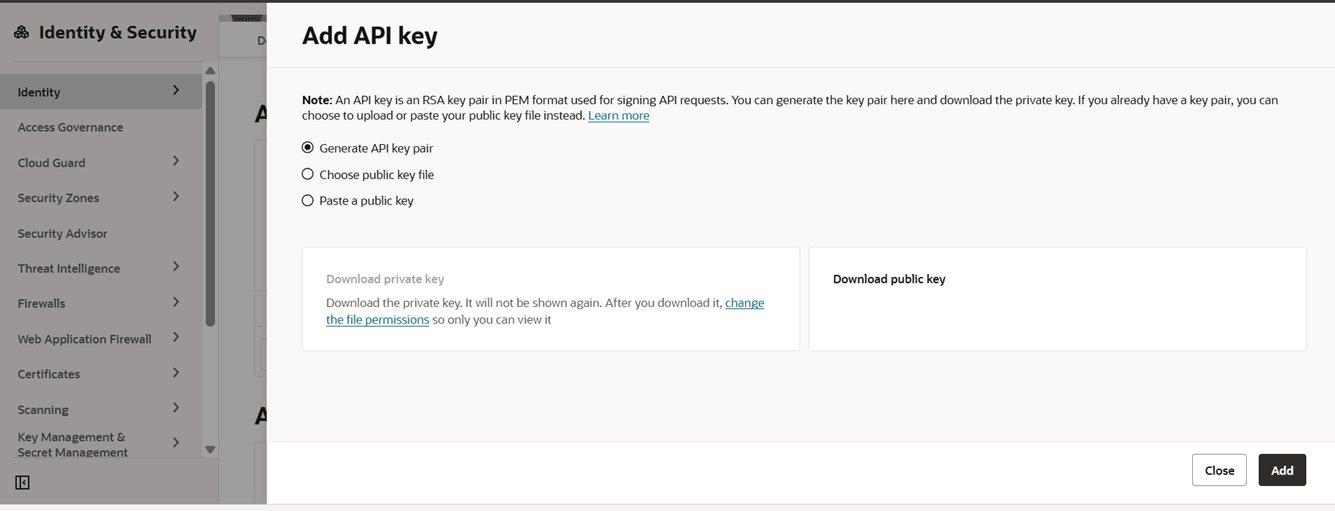 Create an API key for the OCI user to allow access to the OCI KMS key. Create an API key for the OCI user to allow access to the OCI KMS key.