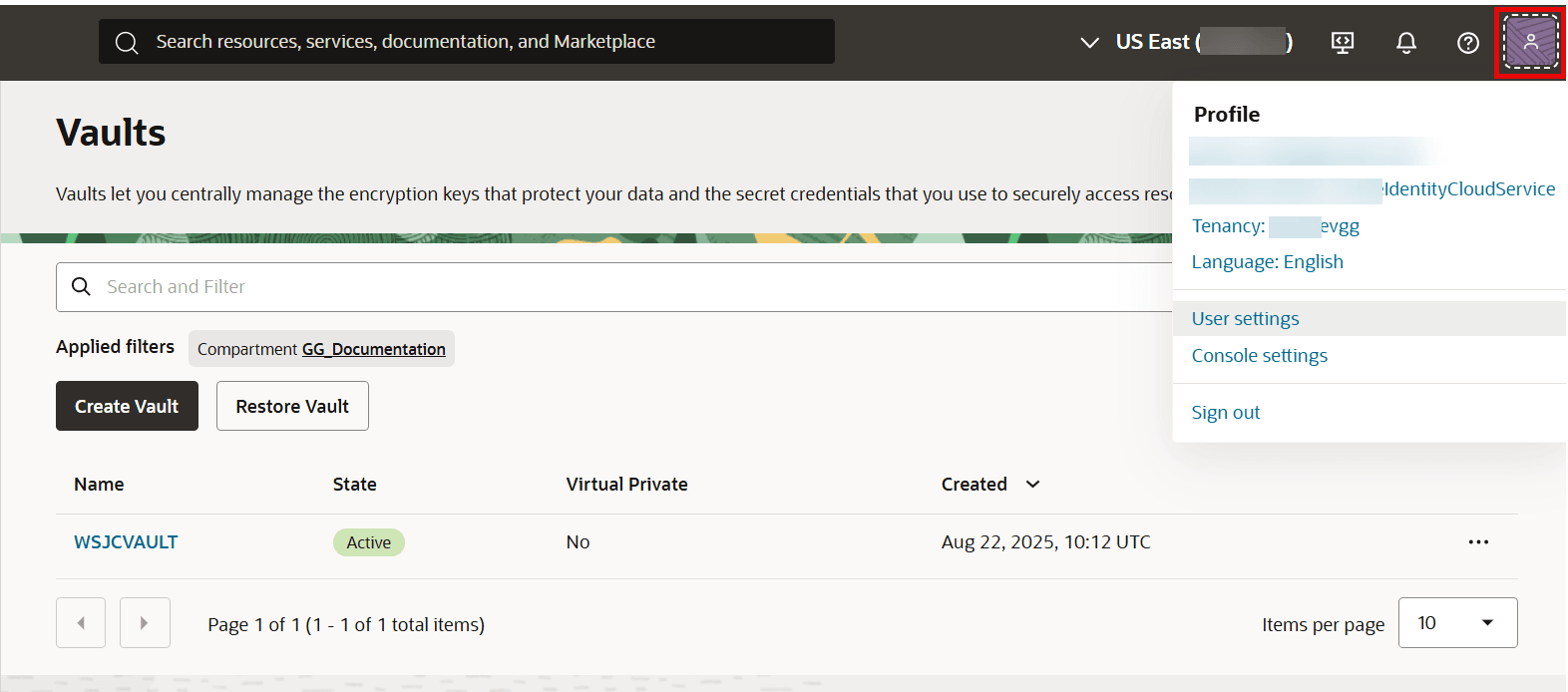User Settings icon on the Vault information page to create an API key for the user to connect to OCI KMS. User Settings icon on the Vault information page to create an API key for the user to connect to OCI KMS.