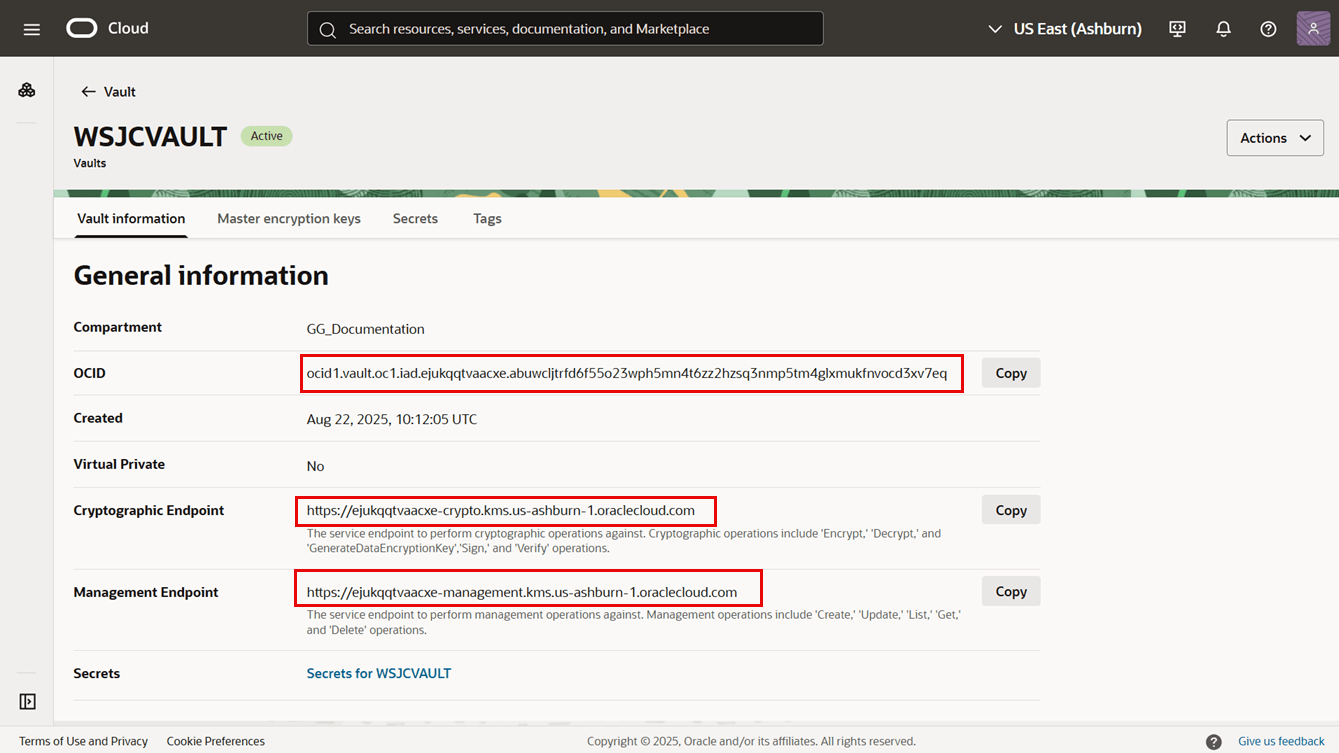 Obtain the cryptographic endpoint from the General Information section of the OCI vault. Obtain the cryptographic endpoint from the General Information section of the OCI vault.