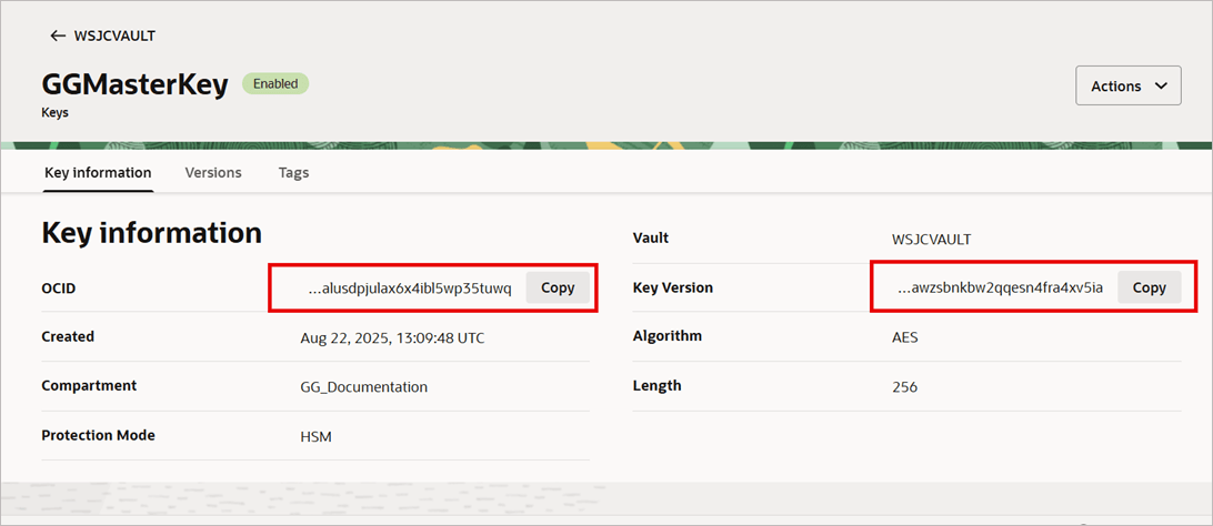 Master Key OCID value displayed in the OCI console's key details page. Master Key OCID value displayed in the OCI console's key details page.