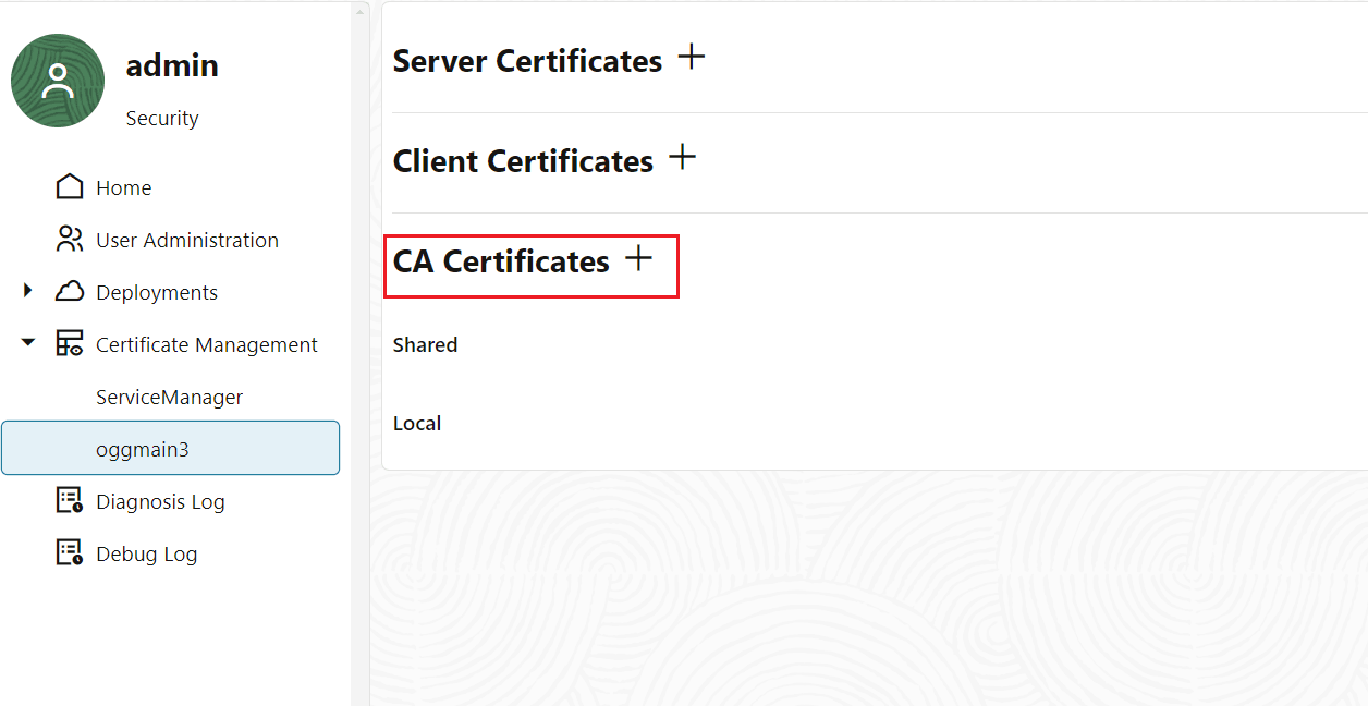 Certificate Management page in Oracle GoldenGate Service Manager Certificate Management page in Oracle GoldenGate Service Manager