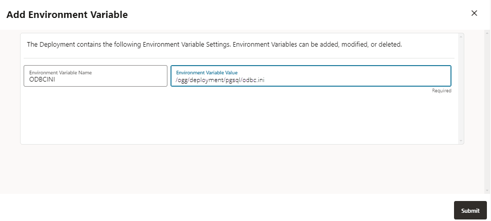 Add Environment Variable dialog box for setting the odbc.ini environment variable for PostgreSQL.