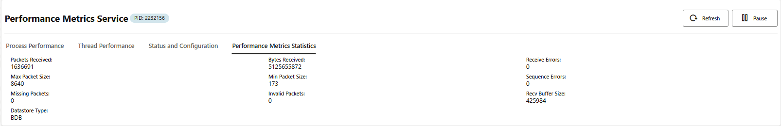 Performance Metrics Statistics tab