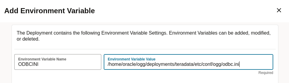 Set the ODBCINI environment variable value from the Oracle GoldenGate web interface.